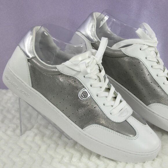 Michael Kors Irving Lace-Up Sneakers White Metallic Silver Women’s Size 9 – New - Picture 1 of 7